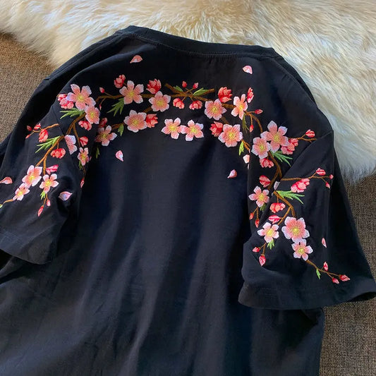 Aesthetic Japan Style Cherry Blossoms Embroidery T Shirts Sexy Women Girls Cotton Summer Tee Tops O-neck Loose Casual Harajuku