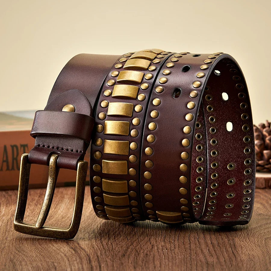 Punk Rock Belts Geometry Pattern for Men for Women Rivet Studded Belts First Layer of Cowskin Hip Pop Decorative Belts