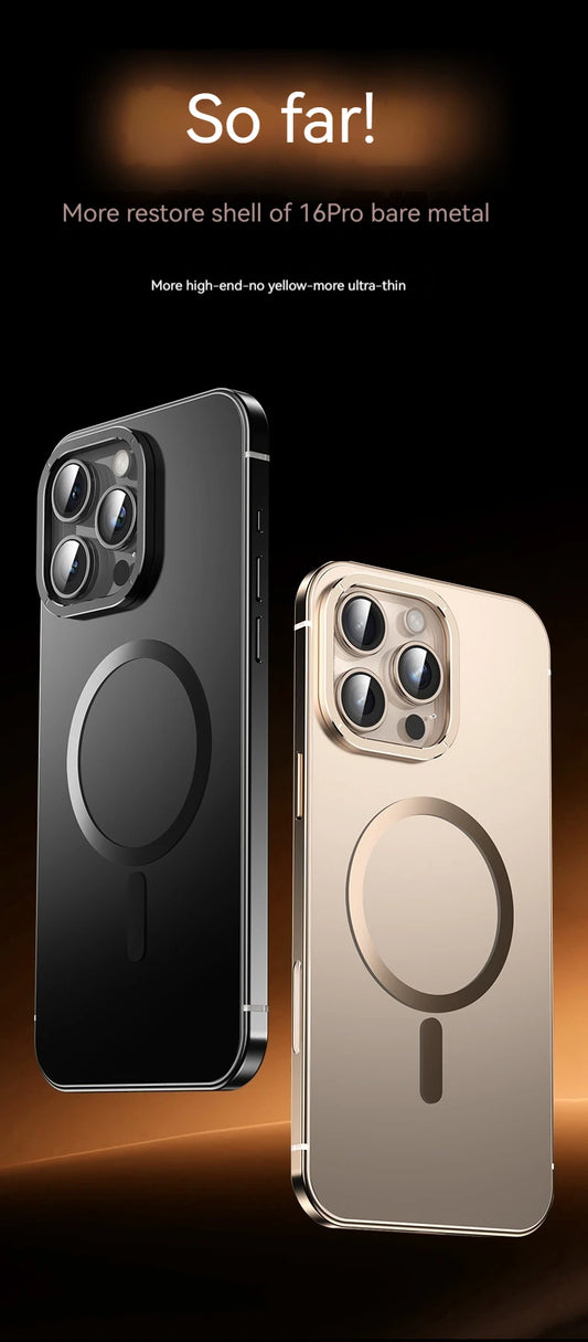 Aluminum Alloy Frame Magnetic Magsafe Matte PC Original Back Plate iPhone Case for 16 15 Pro Max Wireless Charging Protect Case