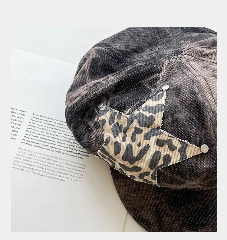 Punk Rivet Star Sticker Berets for Women Fashion Hip Hop Hats Versatile Retro Tie-dye Newsboy Hats