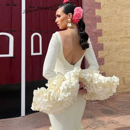 Customized Mermaid Jersey Backless Evening Dress Exquisite V-Neck Long Sleeves Prom Dresses Elegant Tiered Organza Party Gowns