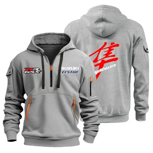 Men's casual street outdoor sports motorcycle multi-pocket sweatshirt, half-hooded sweatshirt, running and fitness sports