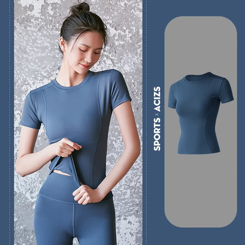Women's Sports Fitness Clothing Slim Running Sweat Absorbing Skinny Yoga Clothes Quick Drying Clothes Short Sleeved T-shirt