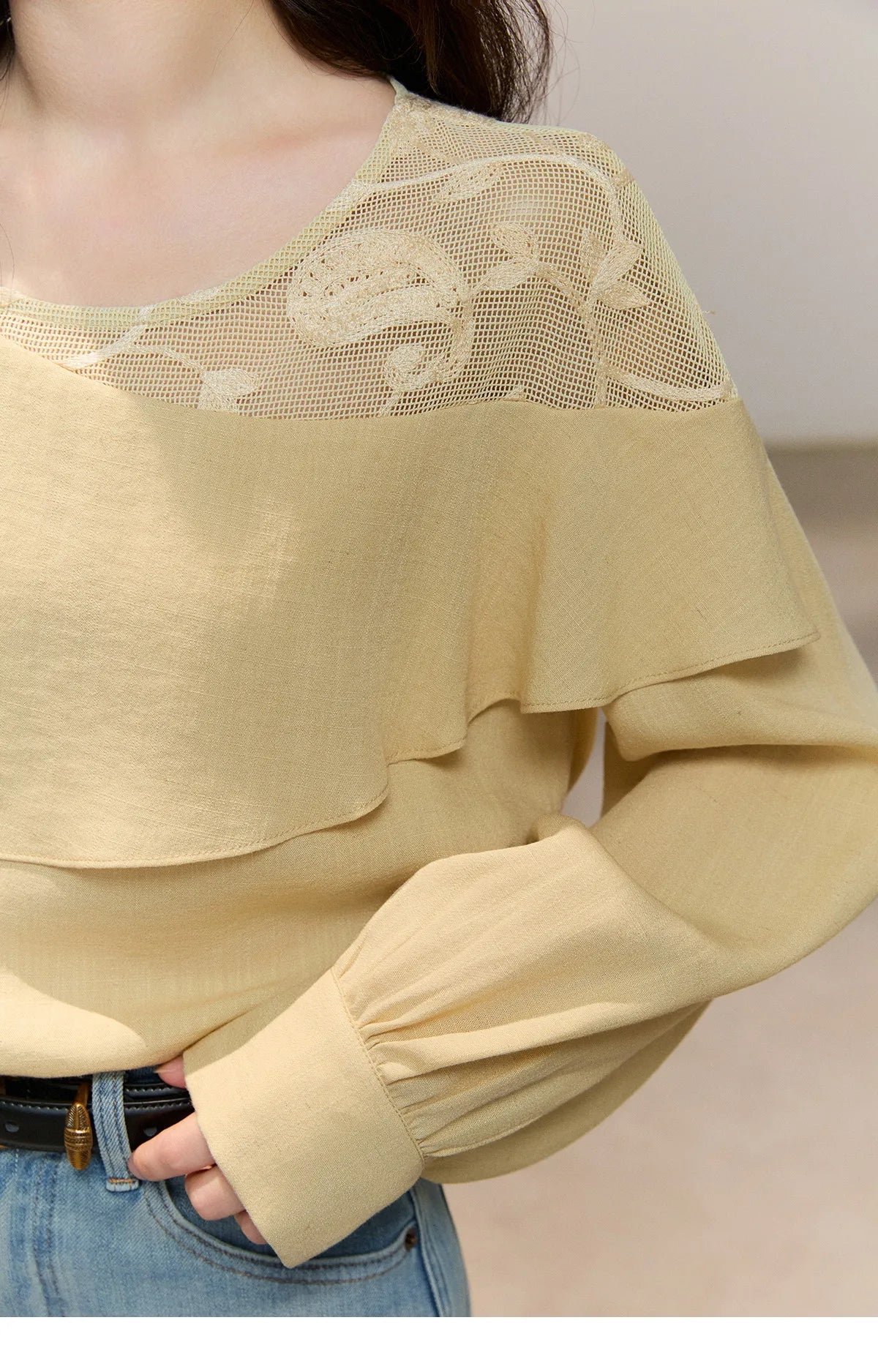 Women's Asymmetric Lace Panel Long Sleeve Blouses 2026 Spring Ruffle Layered Cew Neck Casual Loose Blouse MXF14X2545