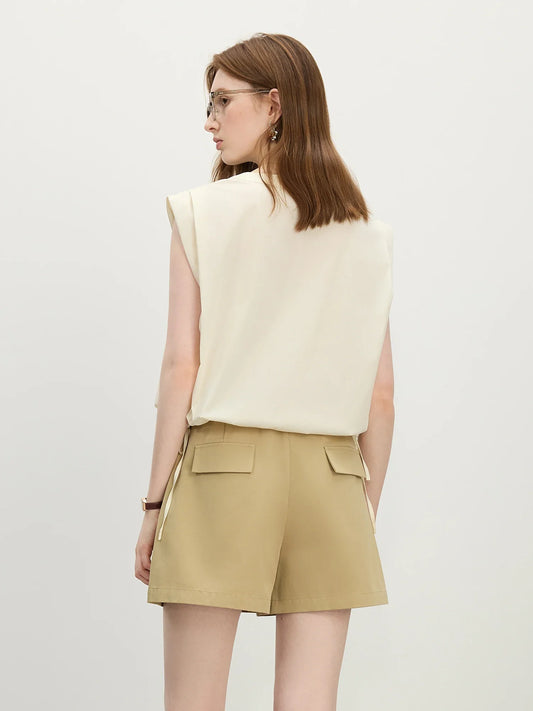 Straight Shoulder V-Neck Sleeveless Blouse - 2025 Summer New Style with Drawstring Tie Women Shirts 25FS12645