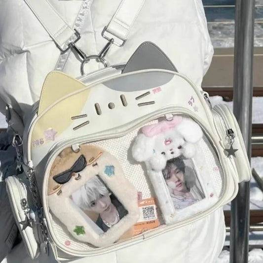 Korean Kawaii Cat Lolita Bag Cute PU Shoulder Bag Girls Transparent Pocket Harajuku Crossbody Bag Women's Fashion Backpacks