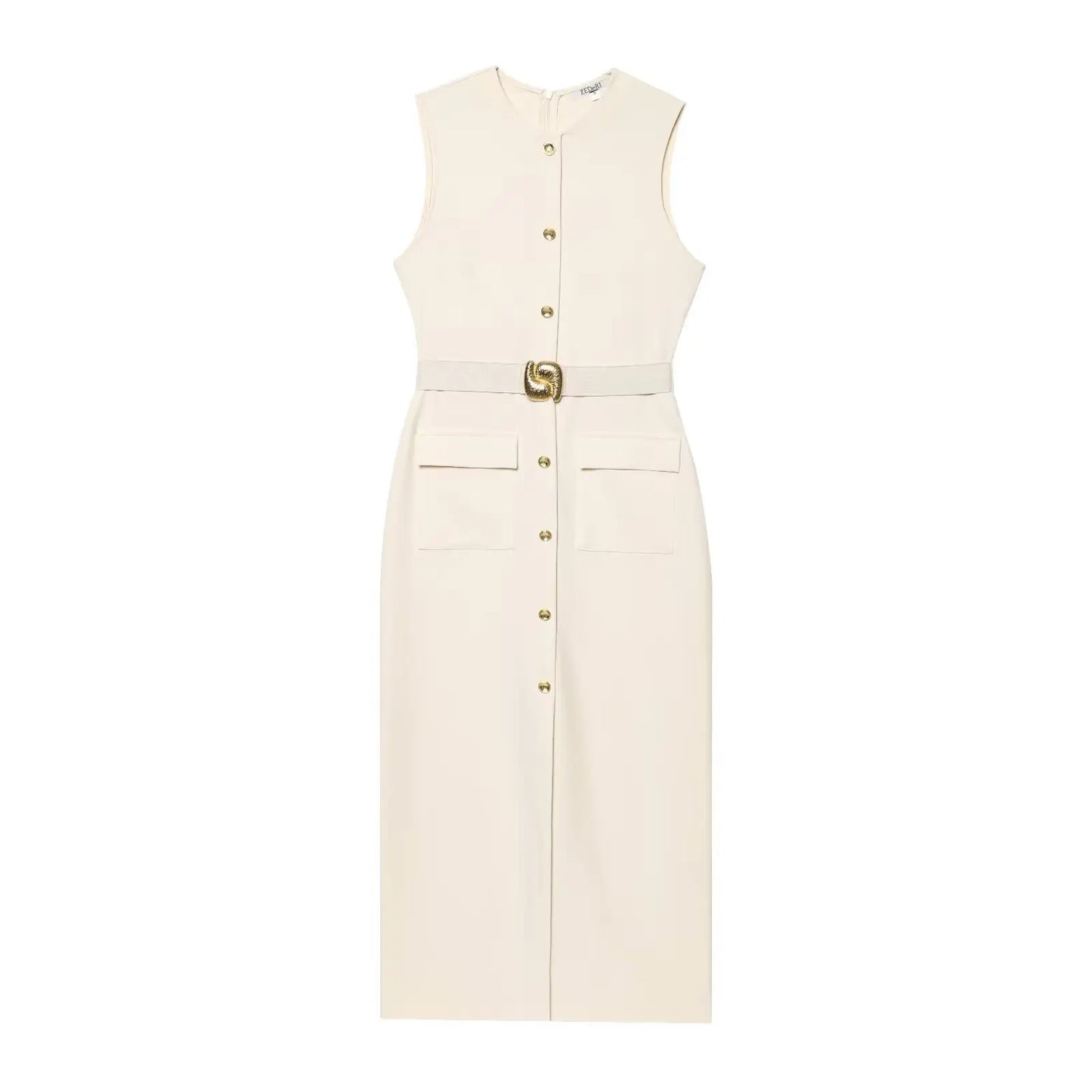 Female Summer Elegant Midi Dress O-Neck Hem Slit With Belt Sleeveless Single Breasted Back Zipper Fashion Long Dress