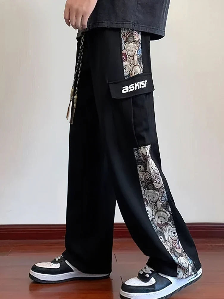 Japanese Anime Wide leg Straight Cargo Pants Men Streetwear Baggy Long Trousers Cotton Casual Patchwork Student 2023 New