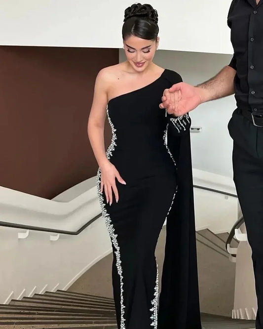 Customized Prom Dress One Shoulder Long Sleeve Gown Mermaid Sexy Backless Formal Party Black Evening Gowns for Women Saudi Arabi