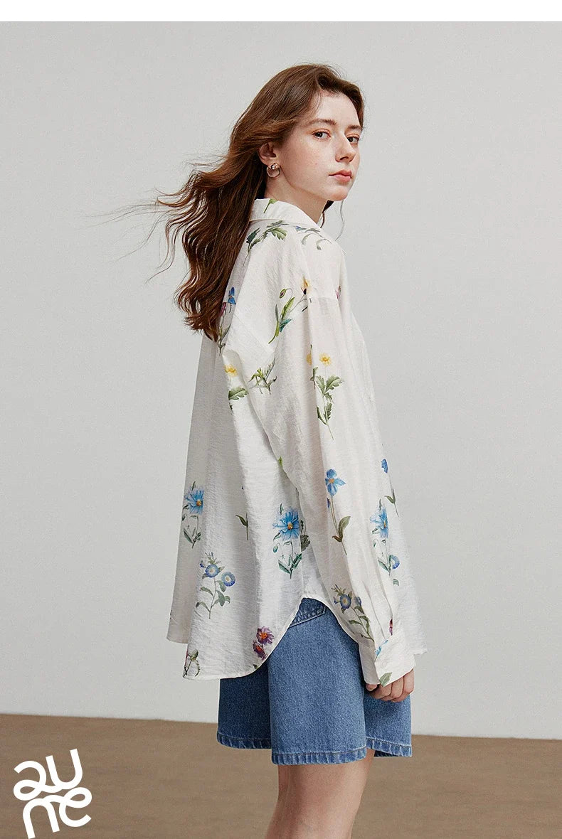 Women Shirts 2026 Summer New Linen Lyocell Print Fresh Mid Length Floral Blouse Tops