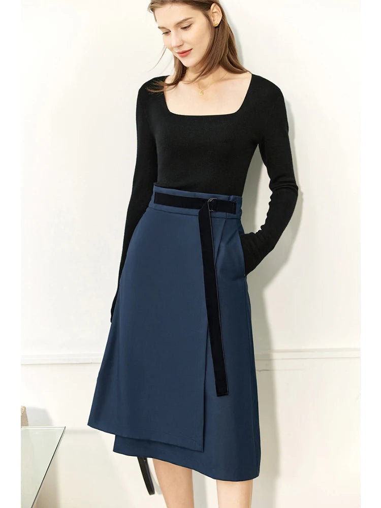 Minimalism Autumn Skirts Fashion Solid Belt Women Robe Causal High Waist Aline Irregular Hem Female Midi Skirt 12240752