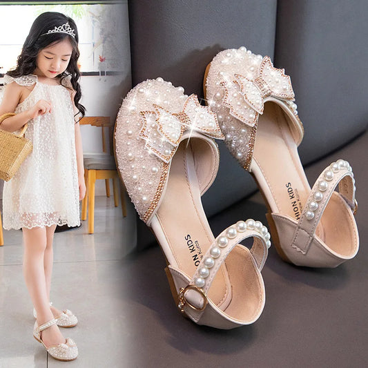 2026 Spring New Girl Sandals Cute Bow Pearl Sequins Kid Princess Shoes Flat Heels children Dancing 21-34