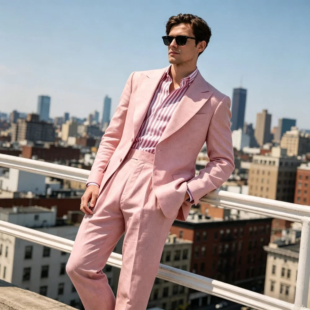 2 Pieces Summer Sage Green Linen Men Suits Relaxed Fit Peak Lapel Blazer With Pleated High Waist Pants For Casual Events
