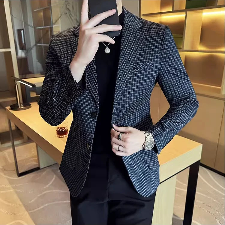 Men's Elegant Grid Suit Jacket 2026 Spring New Fashion Slim Blazer Jackets Social Prom Dress Jacket Men's High Quality Clothing