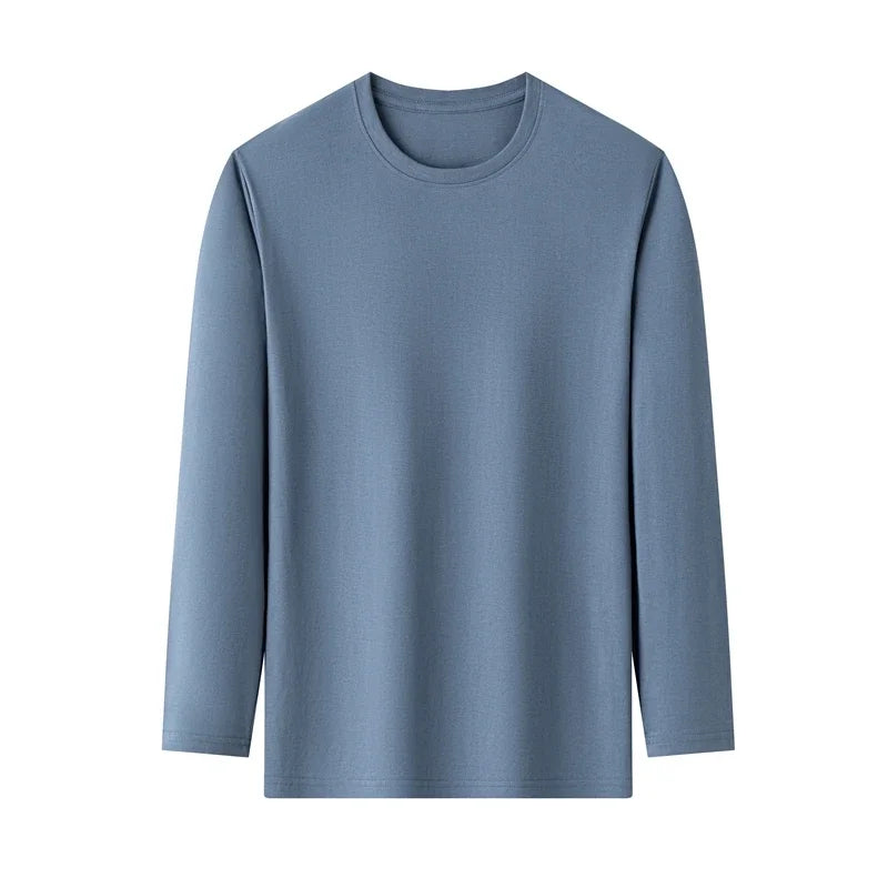 Men's Solid Color Round Neck Cotton Long Sleeved T-shirt Summer Comfortable Top
