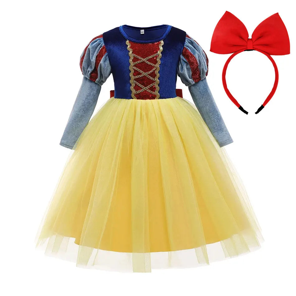Child Snow White Costume Princess Ball Gown Girls Birthday Party Fantasy Velvet Bodice Mesh Tutu Skirt Kid Cosplay Outfit 2-10Yr