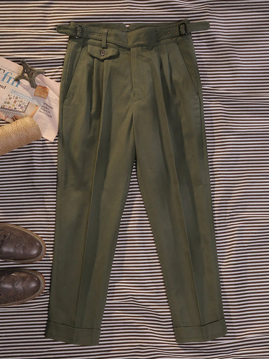 Spring and summer new silhouette leisure pants air eye olive green cotton Slim straight nine pants men