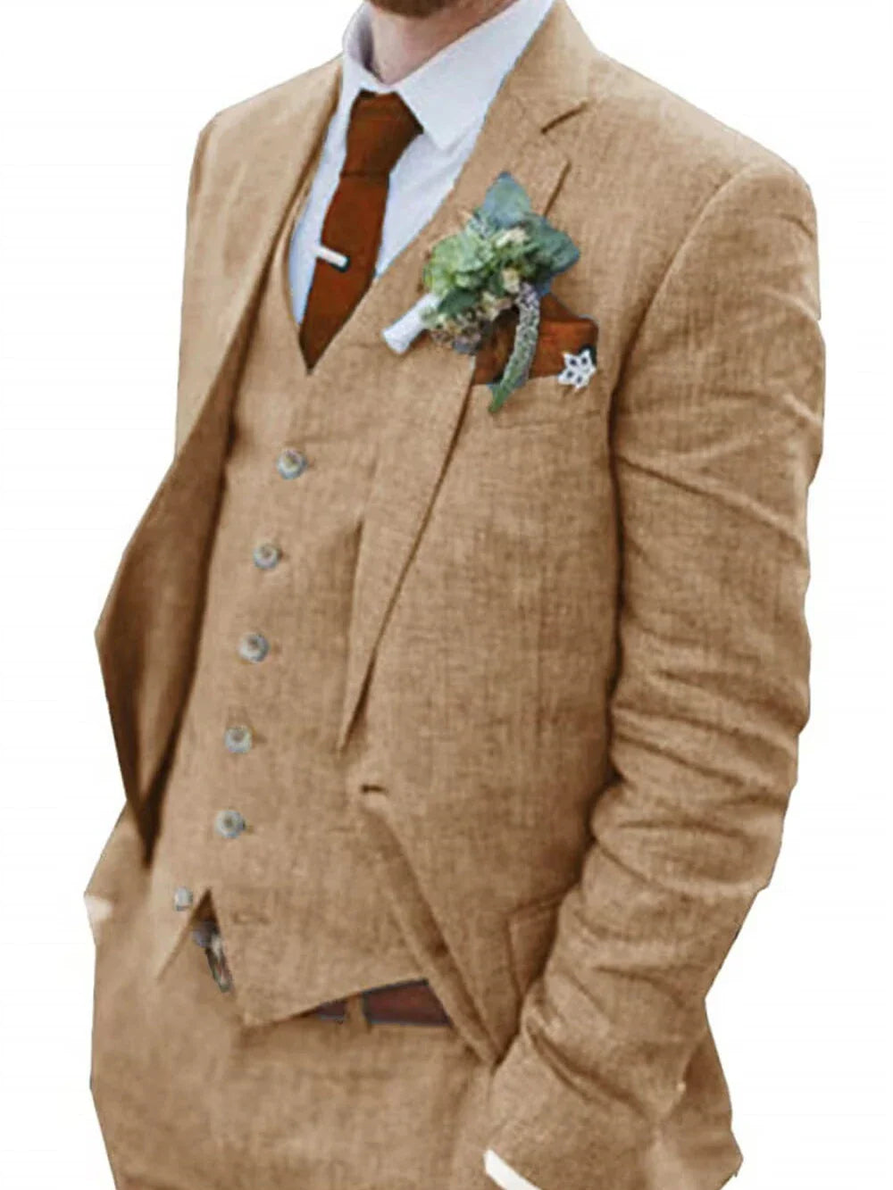 High-End Retro Linen Men Suit Beach Wedding Suit Summer Slim Fit 3 Pieces Light Weight Linen Suit Jacket Vest Pant