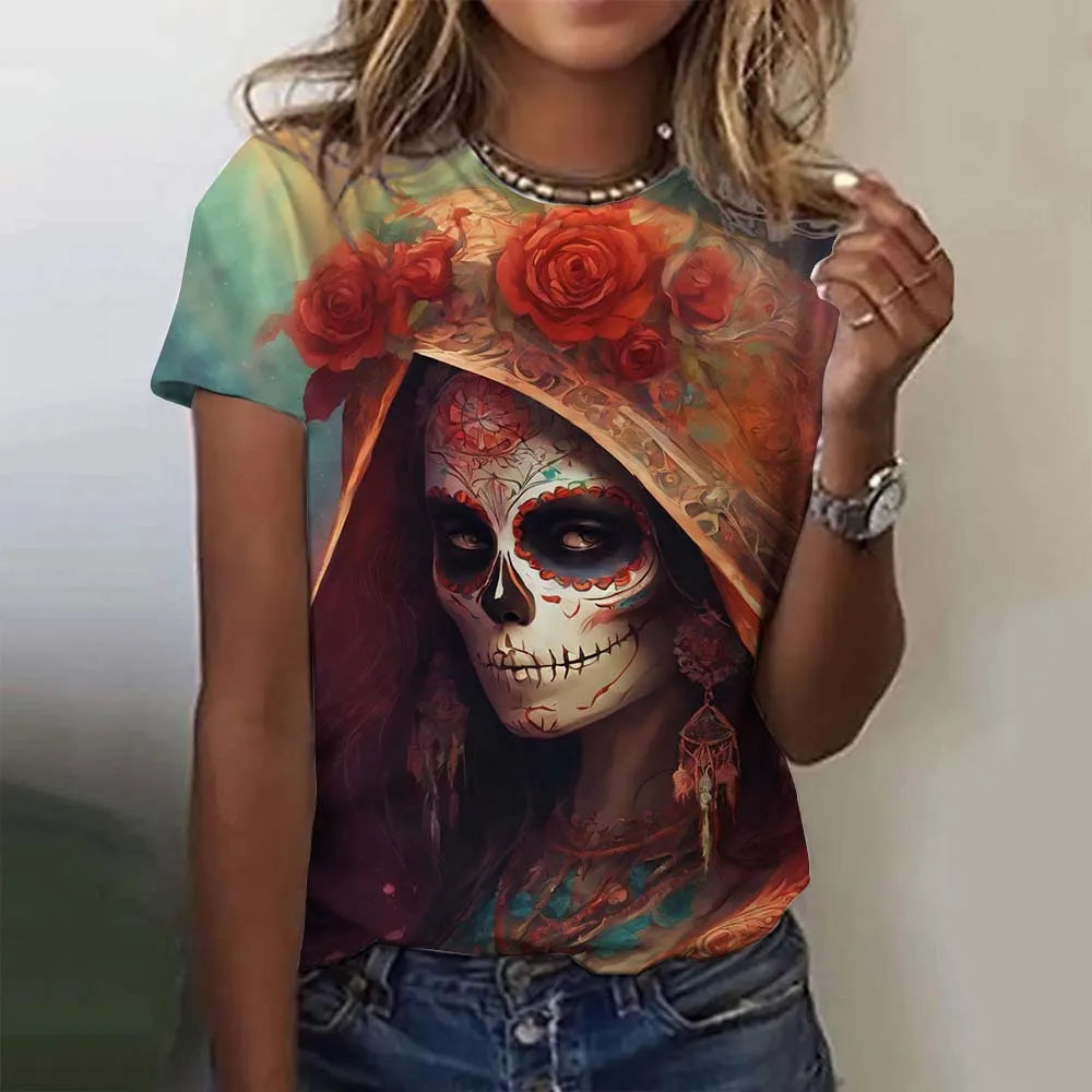 Women's T-shirt for Girls Short Sleeve Casual Sexy Girls Clothes Summer Day of the Dead Undead Skull Pattern oversized T-shirts