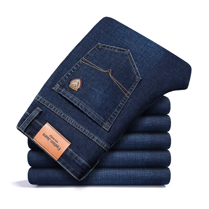 2024 autumn spring fitted straight stretch denim jeans classic style badge youth men's business casual jeans trousers