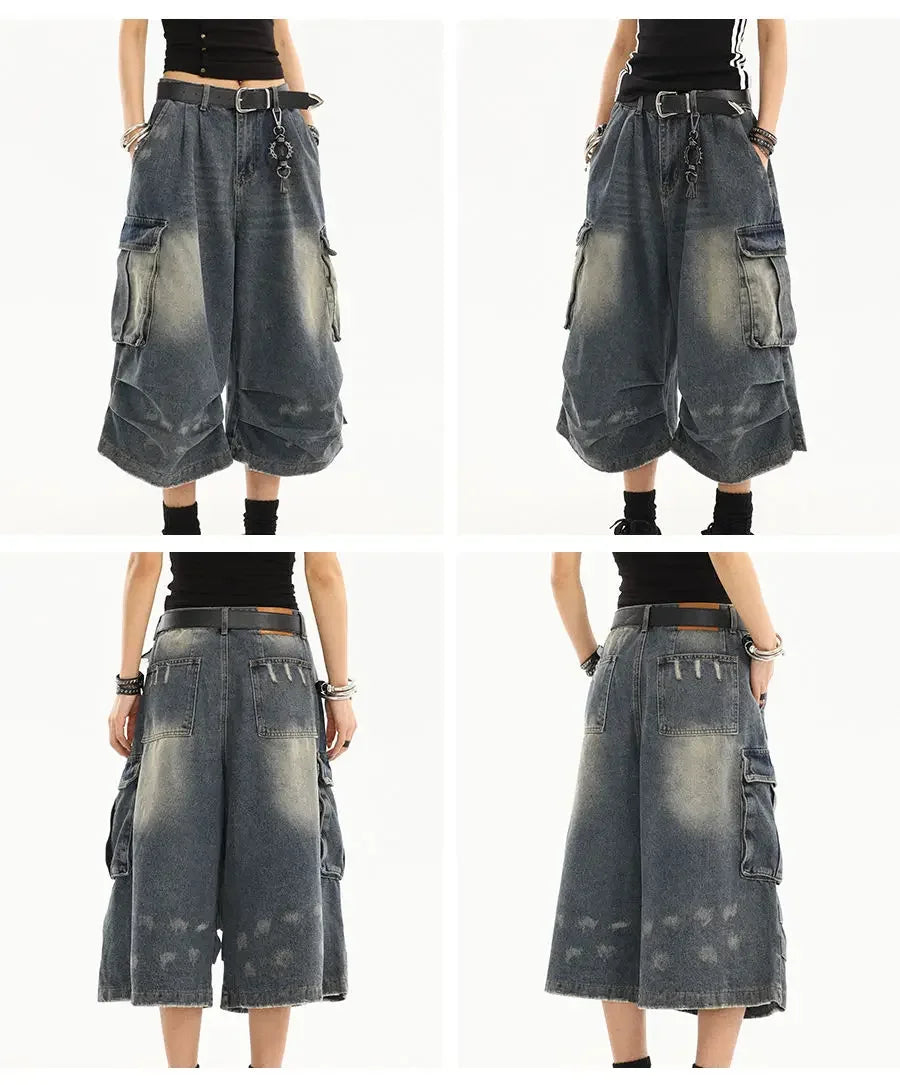 High Waist Retro Blue Washed Denim Shorts Women's Harajuku Vintage Fashion Casual Loose Y2K Streetwear Wide Leg Cropped Pants