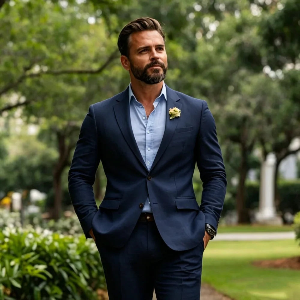 Beige Linen Men Suits 2 Pieces Summer Wedding Suits Slim Fit Casual Formal Blazer Pants Set For Groom Prom Party suit for men