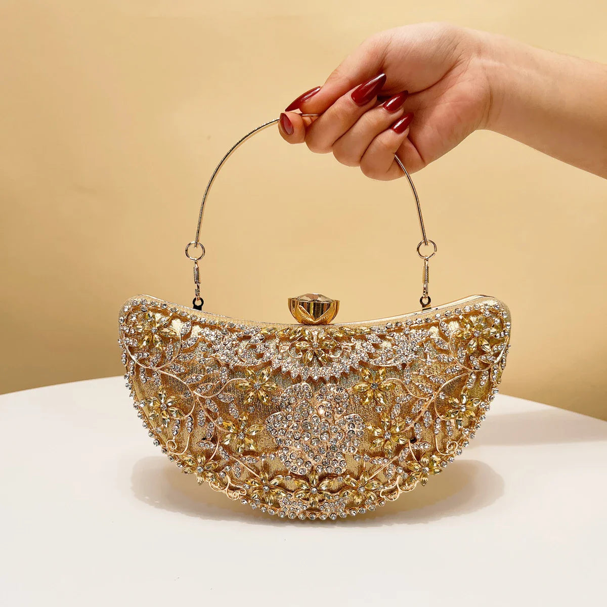 Moon Design Women Clutch Bags Rhinestones Hollow Out Style Crystal Purple Color Evening Bags Ladies Acrylic Golden Metal Glitter