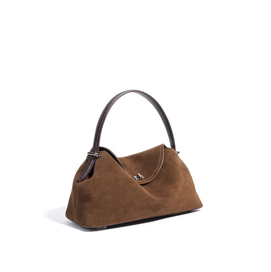 2026 Autumn Winter All-match Bowling Tote All-match Matte Suede Cowhide Leather Women Shoulder Bag Coffee Purple Noble Handbag