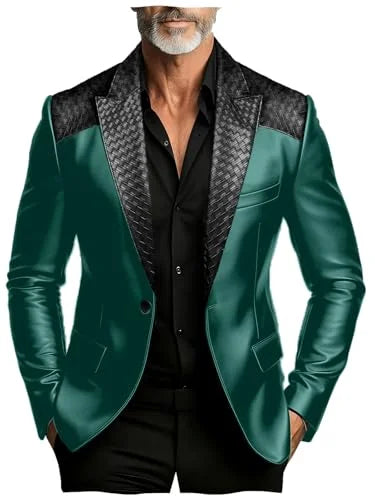 Men's Faux Suede Jacket with PU Leather Collar & Shoulder Two-Tone Blazer Contrast Trim Coat