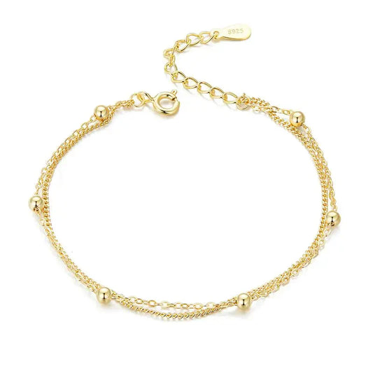Bracelet chaîne en argent 925, double couche, perles rondes, maillons de chaîne, pour femmes, 19 cm, réglable, bijoux plaqués or 14 carats