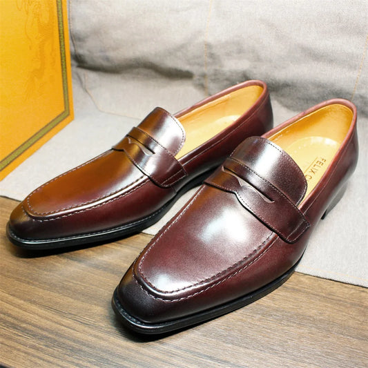 Men's genuine leather slip-on shoes polished leather classic loafers suitable for office weddings and daily wear