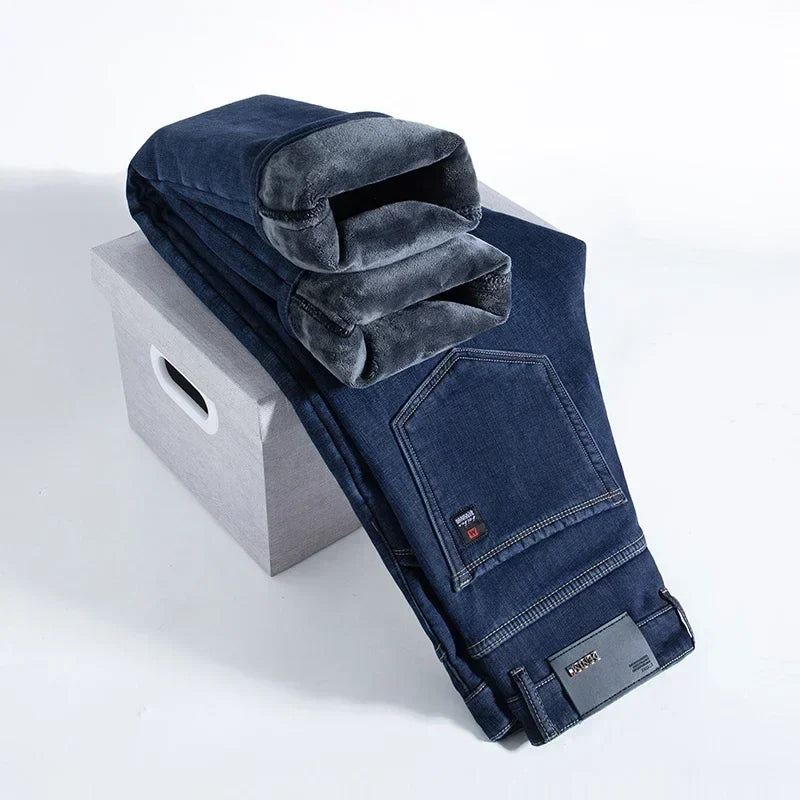 Winter Fleece Thick Warm Jeans Classic Brand Business Casual Men's Fitted Straight Stretch Mid-high Waist Denim Jeans