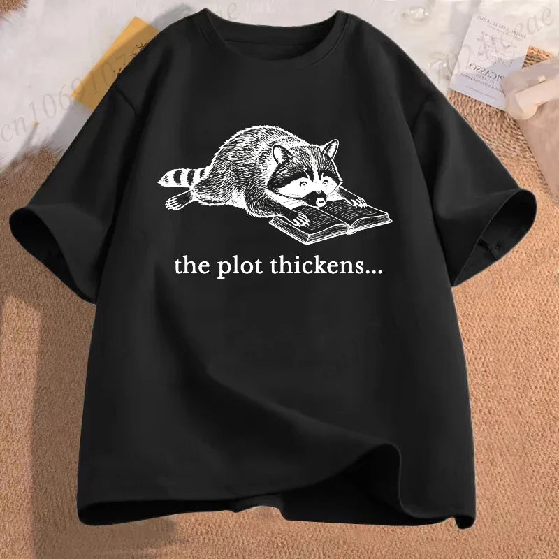 Bookish Raccoon Graphic T-Shirt Literary Book Lover Animal Tee Unisex Men Women Short Sleeve Casual Vintage Daily Fashion Tops