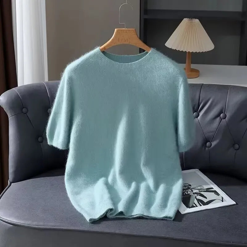 100% Mink Cashmere Knitted Short Sleeved Men's Loose Round Neck Solid Color Half Sleeved Simple T-Shirt Casual Business Cashmere