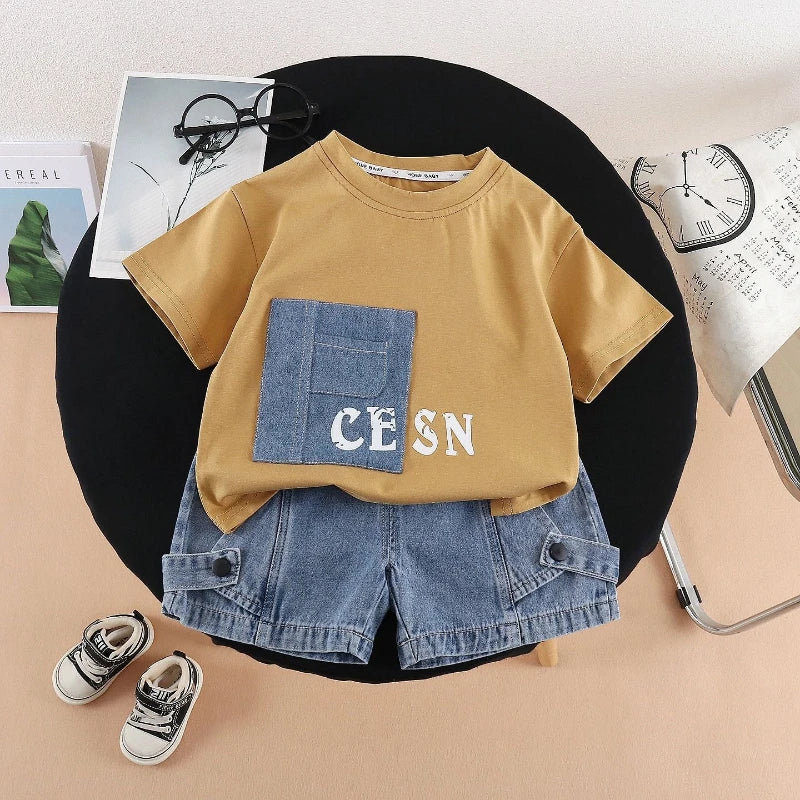 New Summer Fashion Baby Boys Clothes Suit ChildrenPocket Patch T-shirt+ Denim Shorts 2Pcs/Set Toddler Clothing Kids Tracksuits