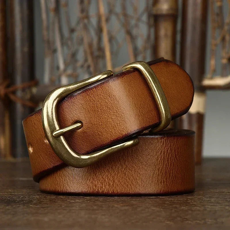 3.8CM Pure Cowhide Genuine Leather for Men High Quality Jeans Brass Buckle Belts Cowboy Waistband Male Fashion Designer Luxury