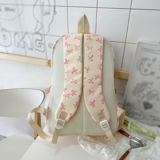 Korean Fashion Bow Print Women's Fashion Backpack Lightweight Simple Student Schoolbag Female Bag Set Three-Piece