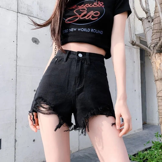 Black High-Waist A-Line Wide Leg Jeans Shorts for Women Summer 2026 Trendy Loose Fit Slimming Hot Pants Ladies Denim