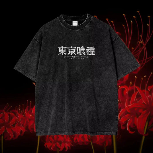 Harajuku Street Men's T-shirt Anime Tokyo Ghoul Kaneki Ken Centipede Vintage Washed Cotton T Shirt Summer Y2K Men Tops Clothing