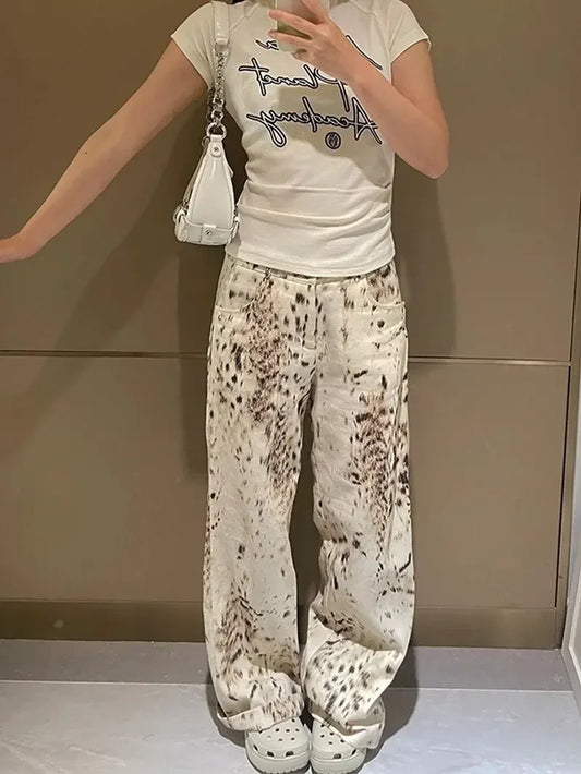 Harajuku Casual Style Jeans Leopard Print Vintage High Waist Loose Street Pants Women's Y2K Wide Leg Punk Baggy Denim Trouser
