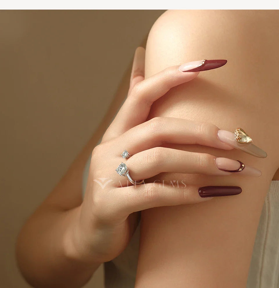 Bague Moissanite ronde à deux pierres ATTAGEMS pour femmes 100% argent S925, bagues ouvertes personnalisées, bijoux de style coréen pour usage quotidien