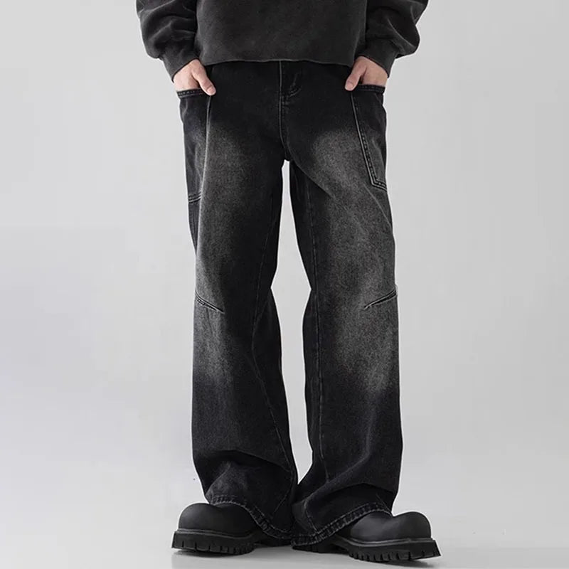 Korean Style Large Pocket Workwear Jeans Retro Blue Men'S Baggy Jeans Straight Leg Pants Casual Wide Leg Pants Casual Pants