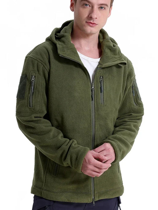 Men's Hunting Fleece Jacket Hiking Hunting Outdoor Fleece Tactical Jacket Winter Warm Full Zip Military Hoodies Multi-Pockets