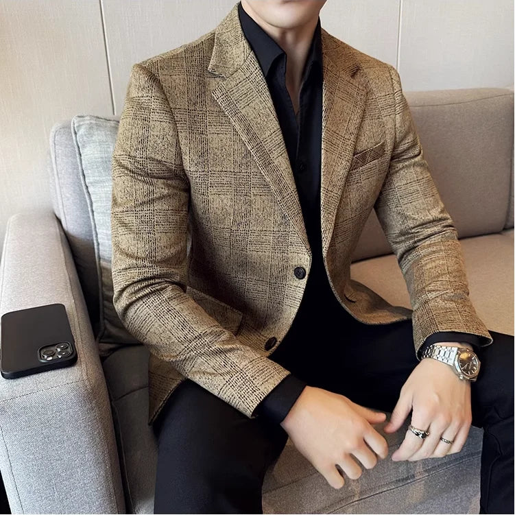 High Quality Meteor Grid Suit Jackets Men British Style Slim Fit Business Casual Fashion Blazers Formal Men Wedding Party Tuxeds