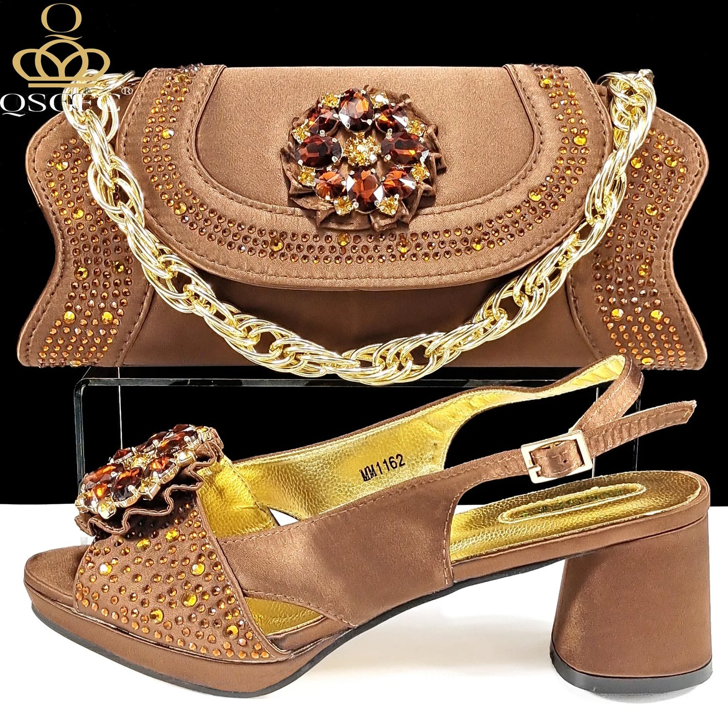 Open Toe Women Heels for 2024 Elegant Party Olive Color Diamond Pumps Italian Shoes and Bags Matching Set