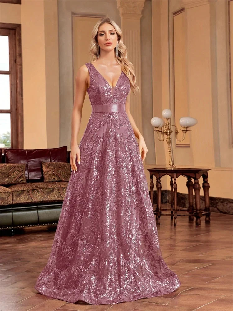 Luxury Sexy V-Neck Sequins Formal Evening Dress Long 2025 Women Elegant V-back Wedding Party Long Prom Cocktail Graduation Gown