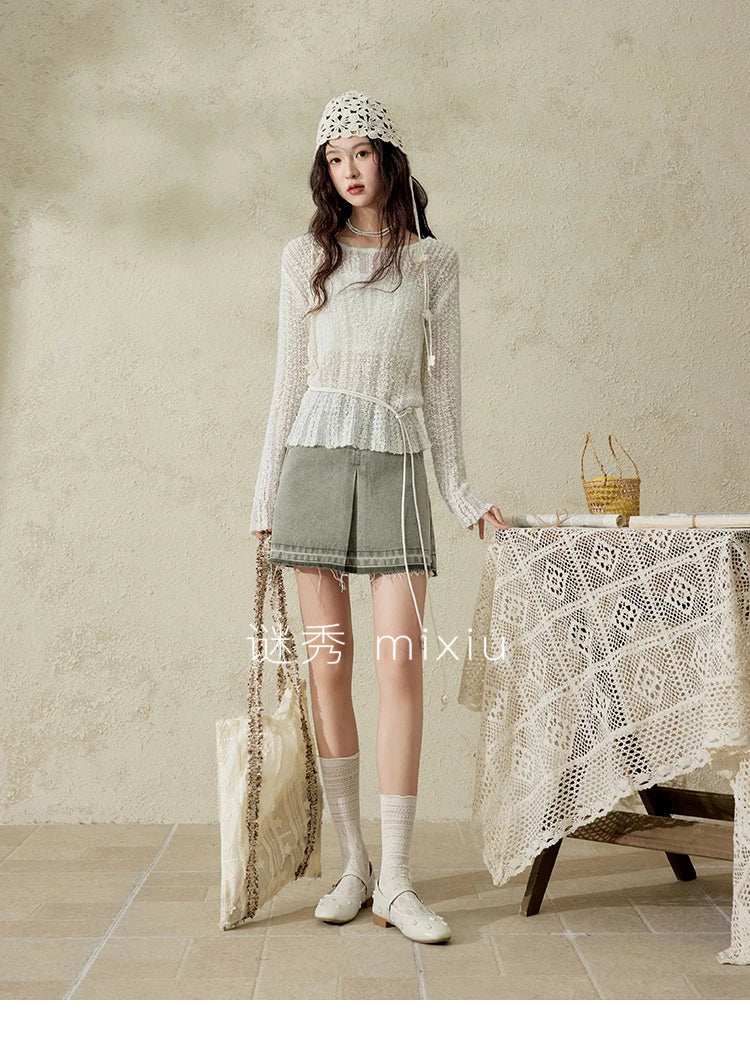 Women 's Apricot White Hollow Knitted Sweater Spring 2025 Mohair Cover Drop Sleeve Top Strapless Slim Tube Top MXE12Z1120