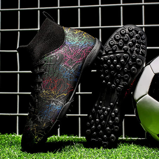 High quality, high-top football shoes, unisex style, comfortable, breathable, available in TF and FG options. Sole spikes