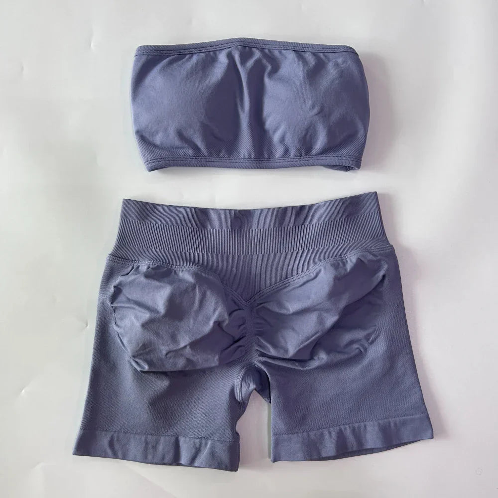 2 Pieces Yoga Set Women Backless Bandeau Sports Bra Scrunch Shorts Yoga Clothing Workout Clothes Outfits Sets Gym Set
