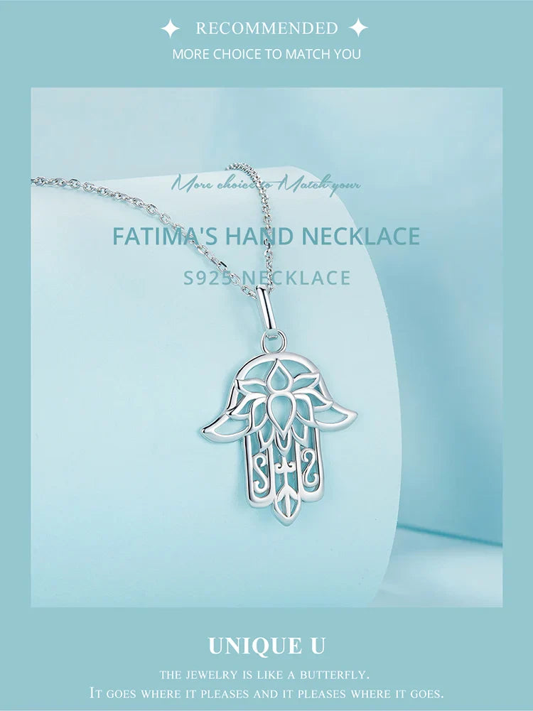 925 Sterling Silver Guardian Fatima's Hand Pendant Necklace Flower Pattern Neck Chian for Women Platinum Plated SCN490